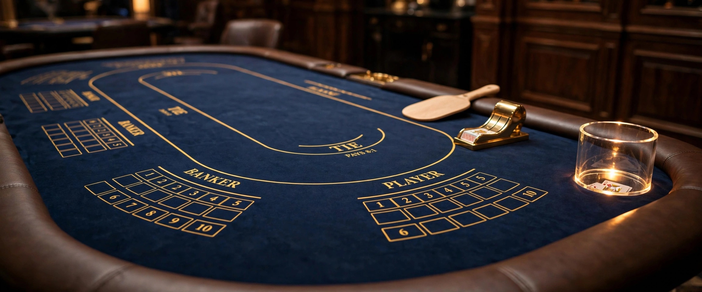 Regulation baccarat table felt with Banker and Player betting positions and commission boxes