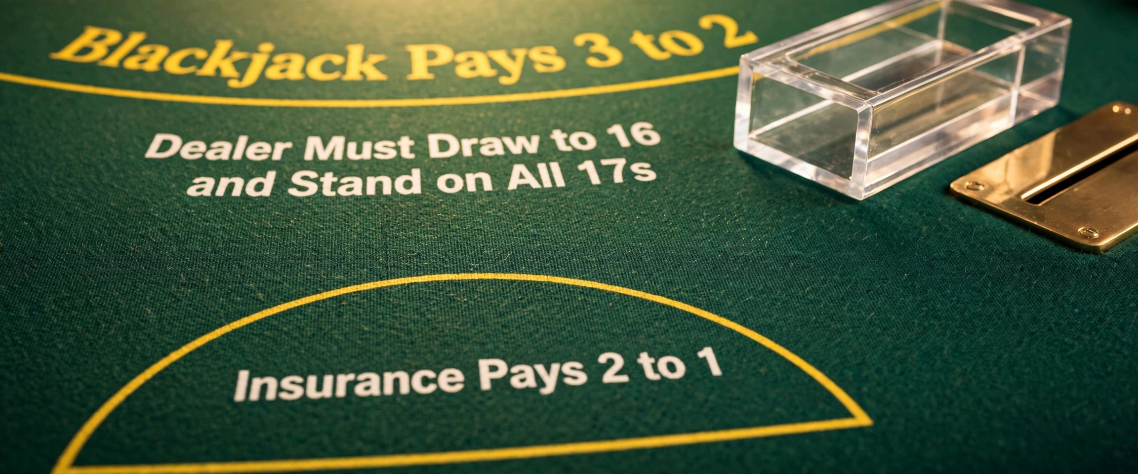 Regulation green felt blackjack table with printed rules paying 3 to 2 and insurance betting line