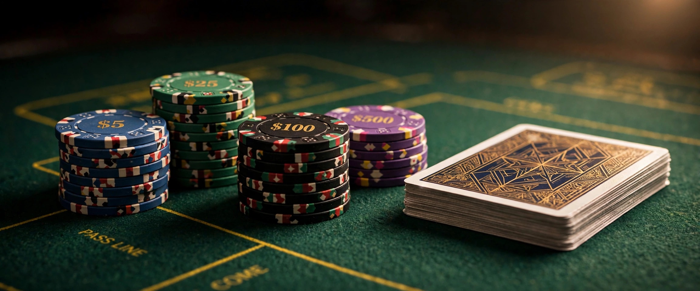 Casino gaming tables with orderly chips and felt layouts under warm salon lighting
