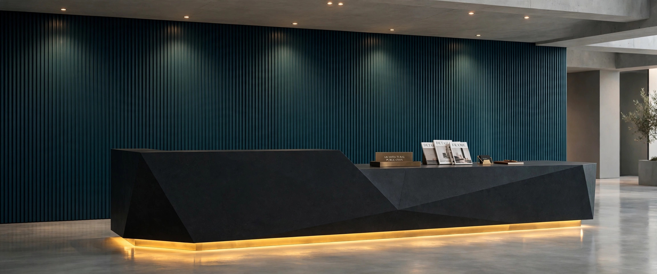 Modern editorial dispatch reception lobby with dark teal accents and ambient warm lighting