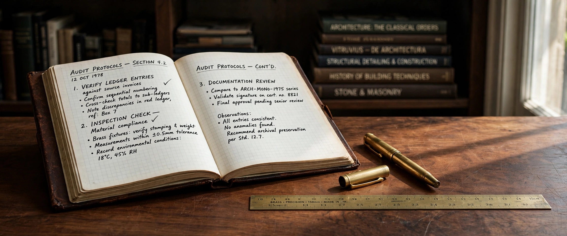 Editorial guidelines ledger and architectural assessment notes on a dark wooden workstation