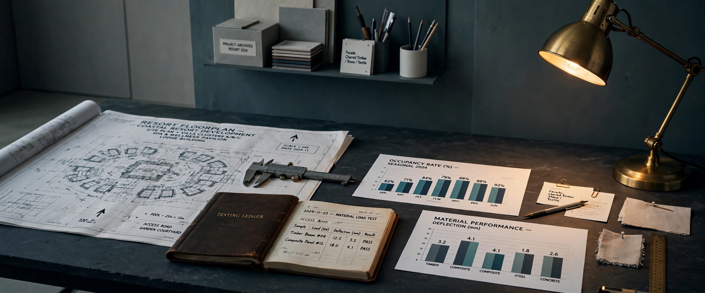 Editorial assessment desk with architectural blueprints, statistical tables, and testing equipment