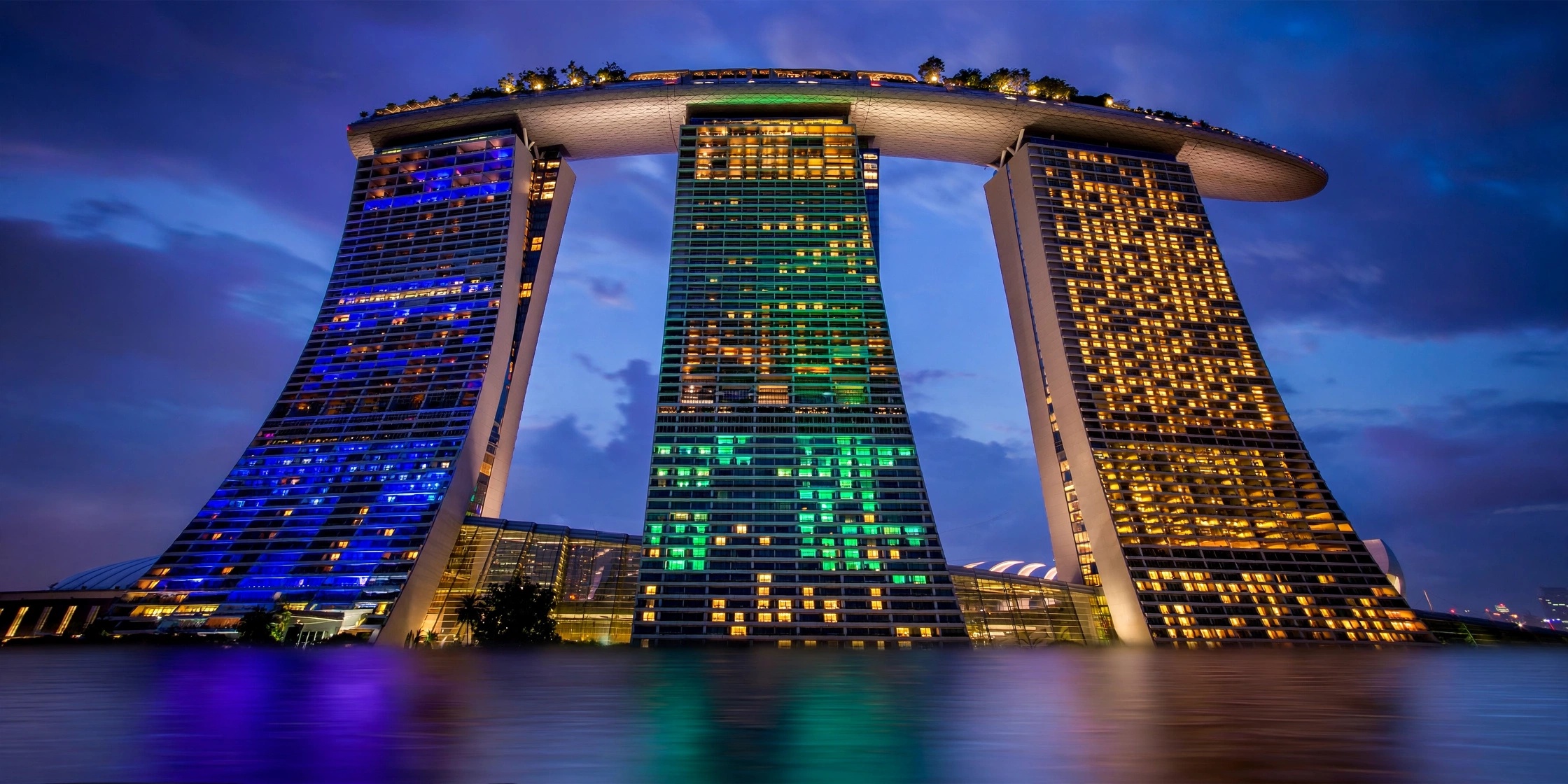 Marina Bay Sands three architectural towers and SkyPark in Singapore