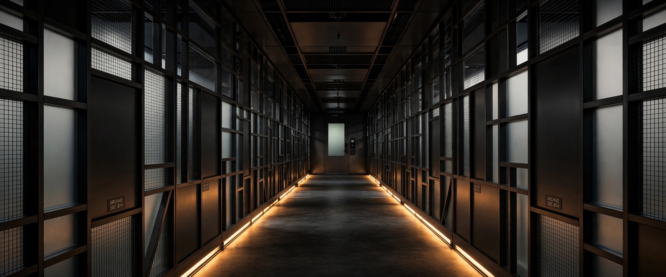 Minimalist secure architectural archive vault with linear ambient glow and geometric partitions