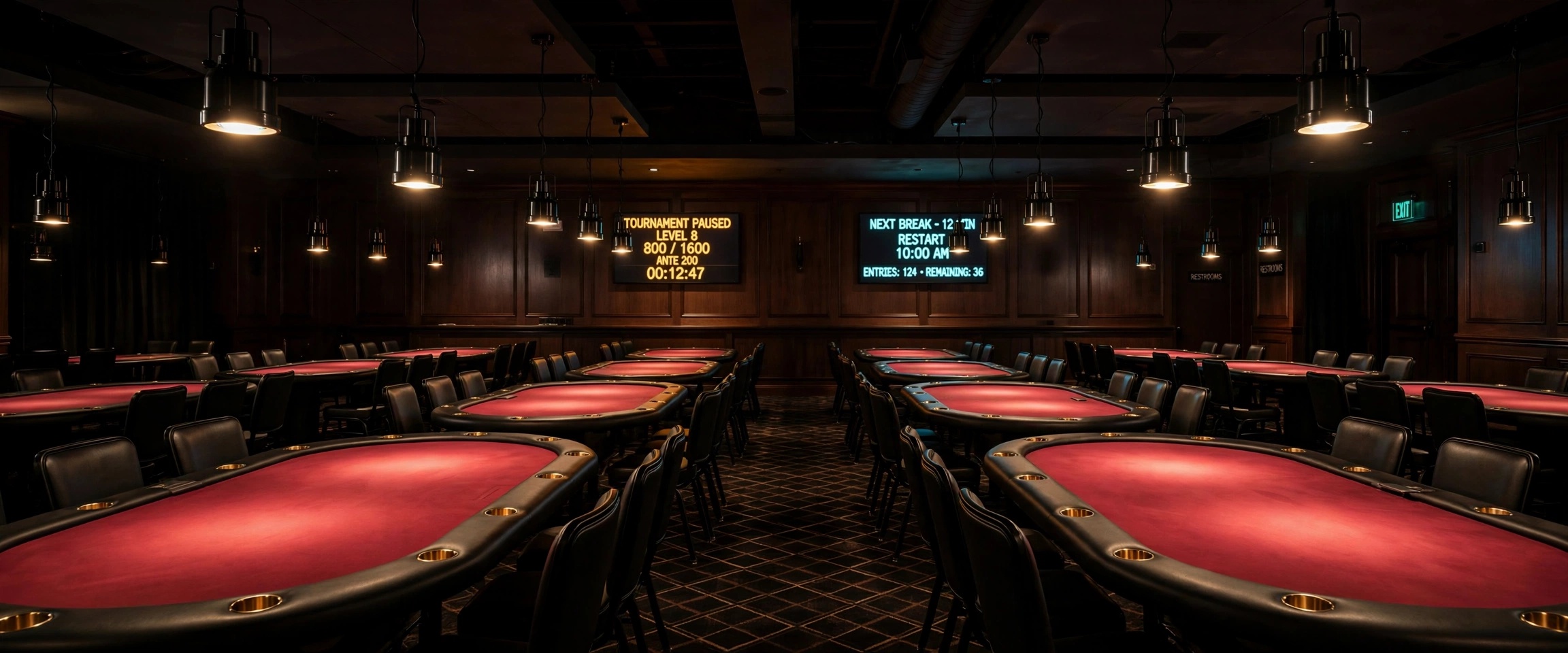 High-tier resort poker room with felt tables, chip trays, tournament clocks, and directional spotlights