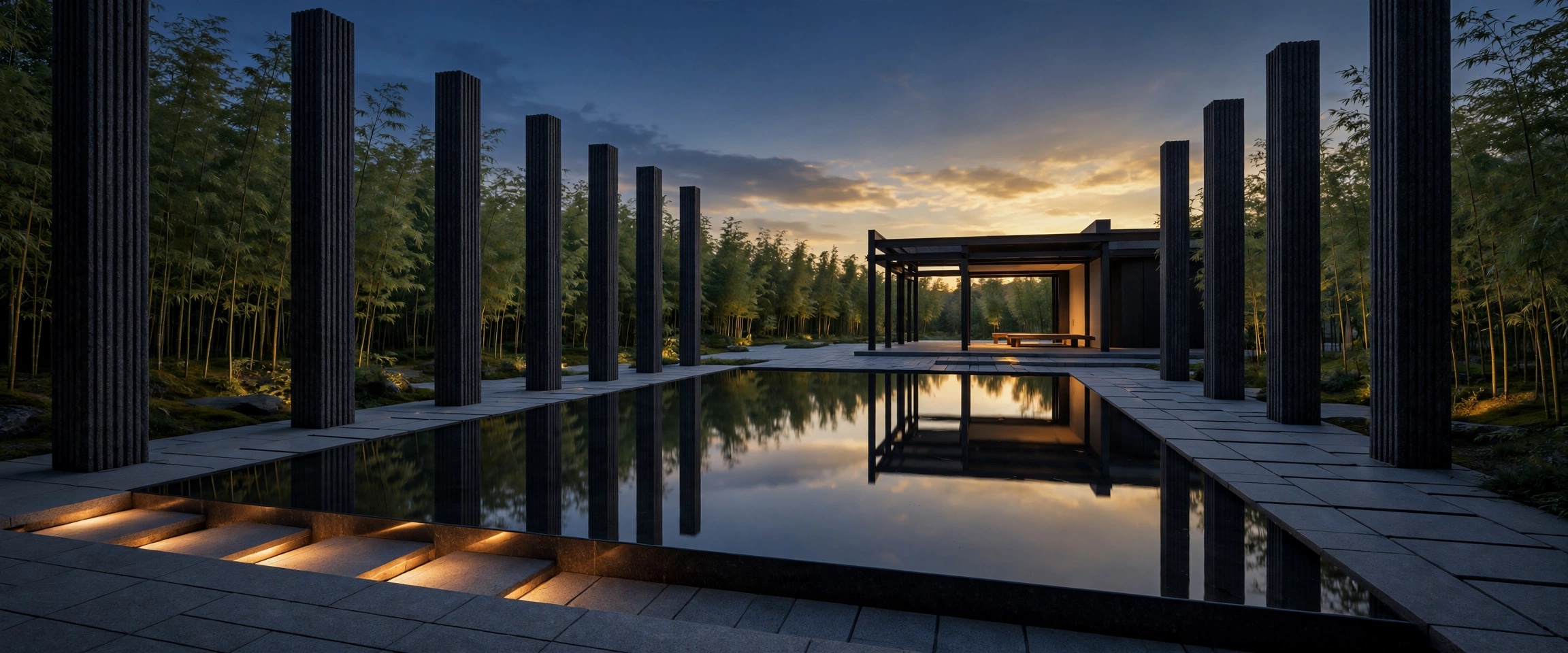 Serene architectural pavilion with reflecting water garden and minimalist granite pathways