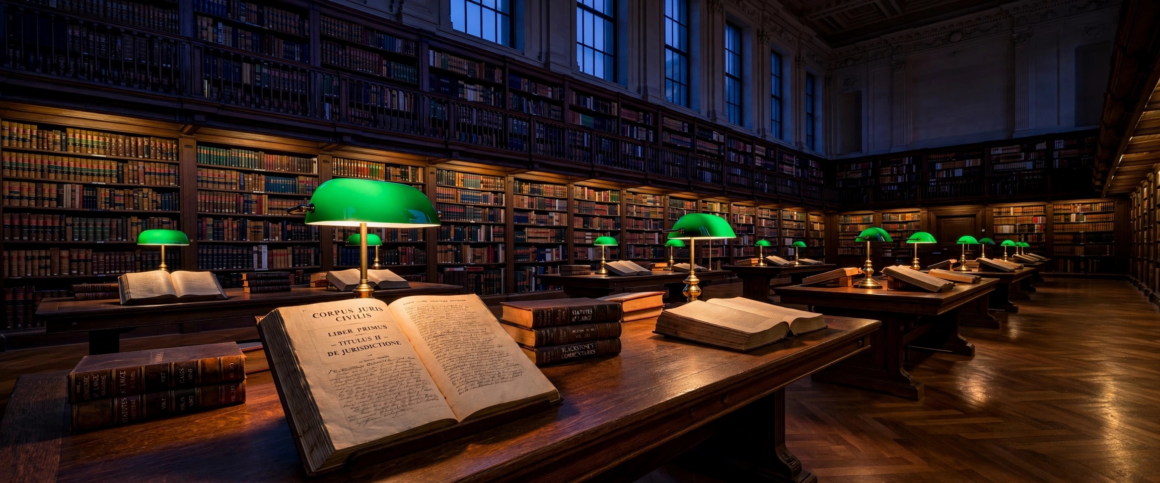Formal architectural legal library with bound ledgers and soft linear ceiling illumination