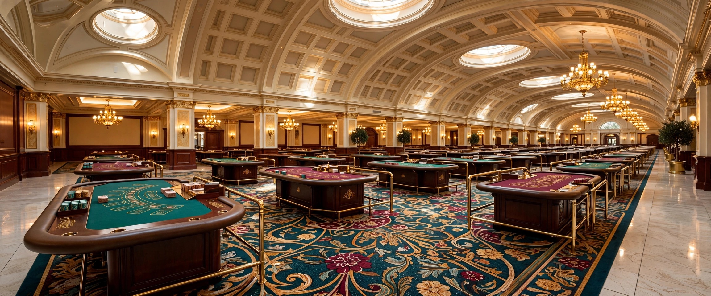 Expansive casino gaming floor with vaulted ceiling, plush carpet, and regulated gaming tables
