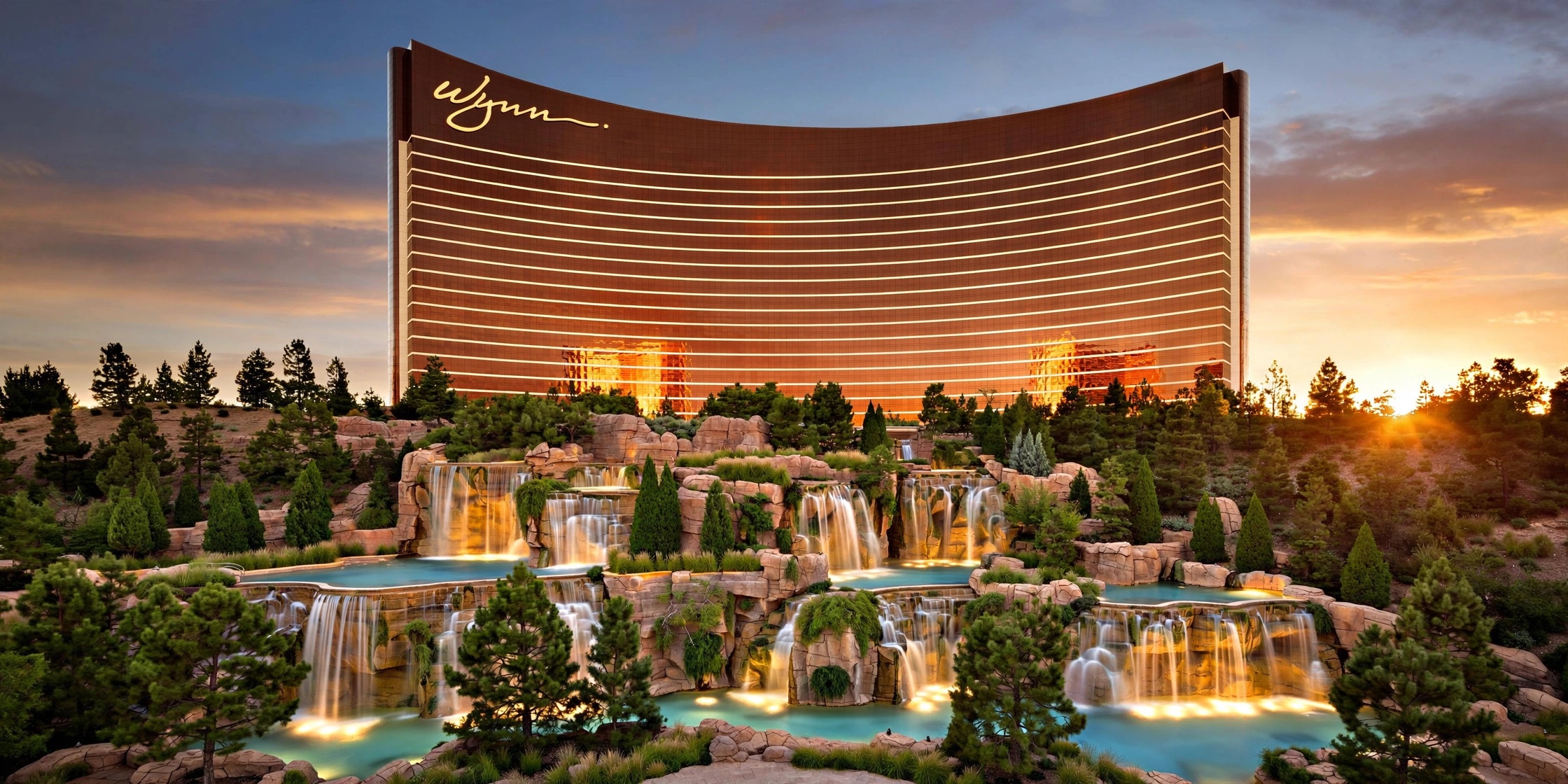 Bronze curved bronze glass towers and gardens of Wynn Las Vegas